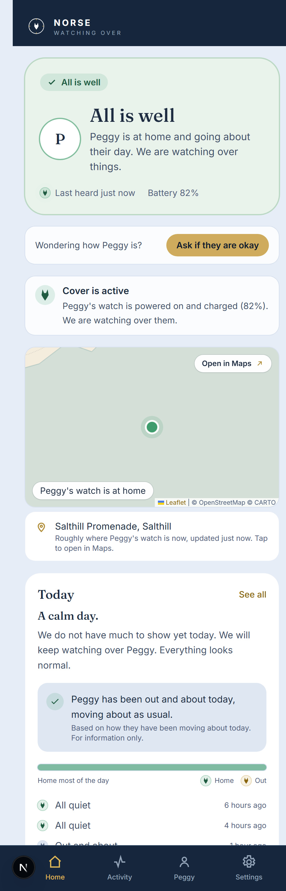 The Norse app home screen: a loved one is at home and all is well